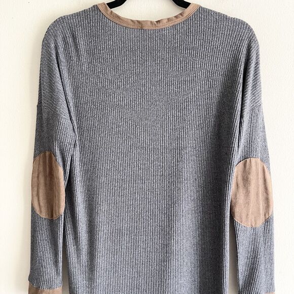 Peach Love Gray Waffle Knit Long Line Shirt S Brown Elbow Patch Soft California - Picture 5 of 10